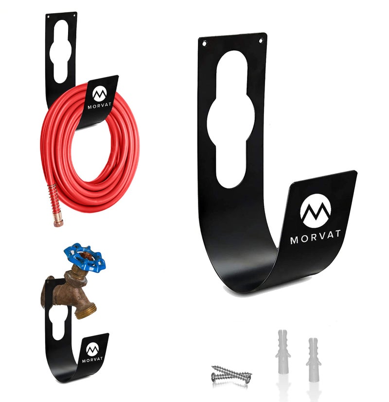 Morvat Premium 100 Ft Hose Hanger with Rust Resistant Metal, Organize Your Garden, Garage & Outdoor Storage Area, Wall Mount Holder or Hang/Hook Over Water Spigot with Included Screws - Image 1
